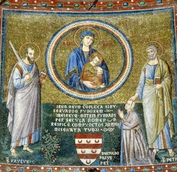 Madonna und Kind zwischen den Heiligen Petrus und Paulus mit dem Patron Stefaneschi